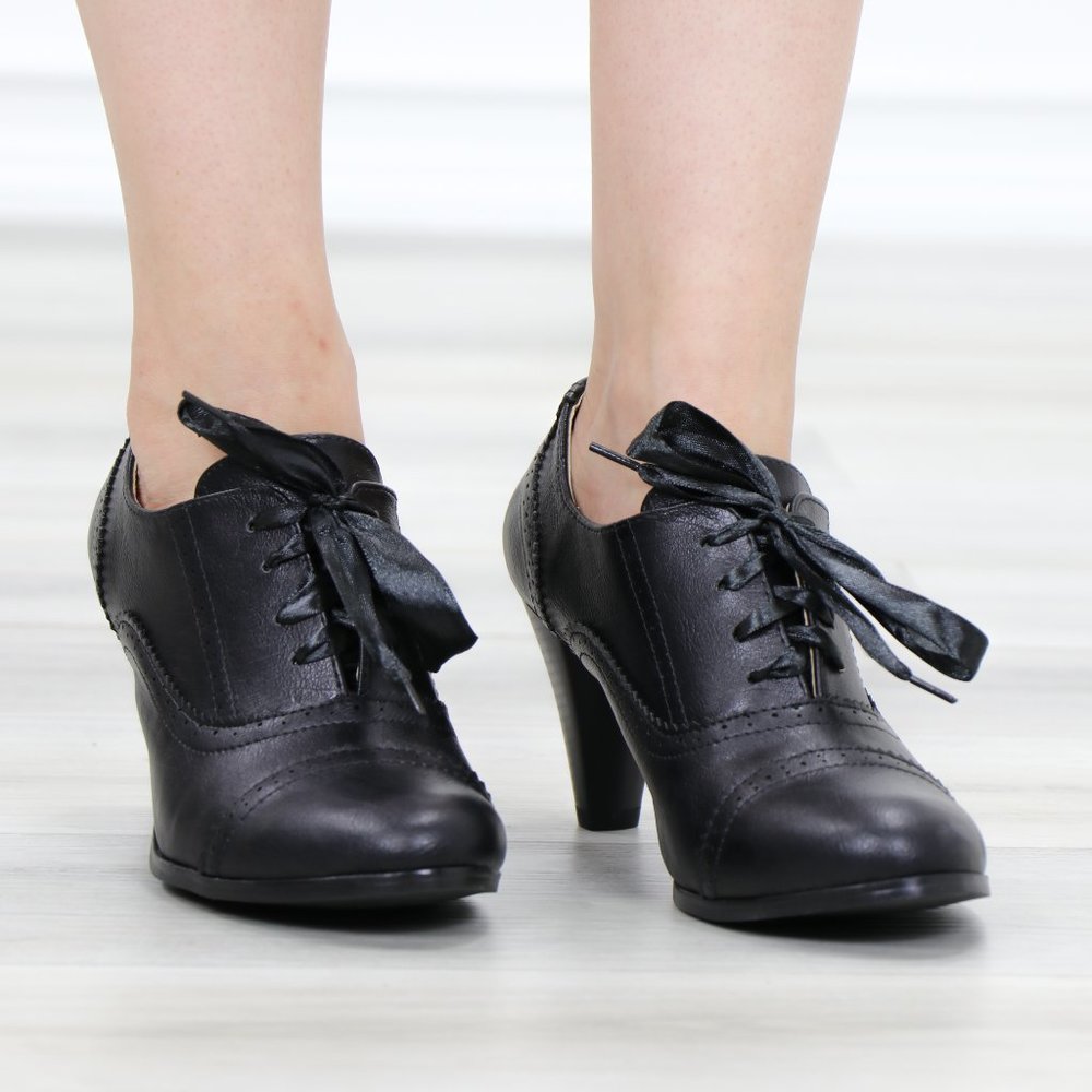 Laced-Up Low Cut Ankle Boots Women's Heeled Oxford - Picture 12 of 15